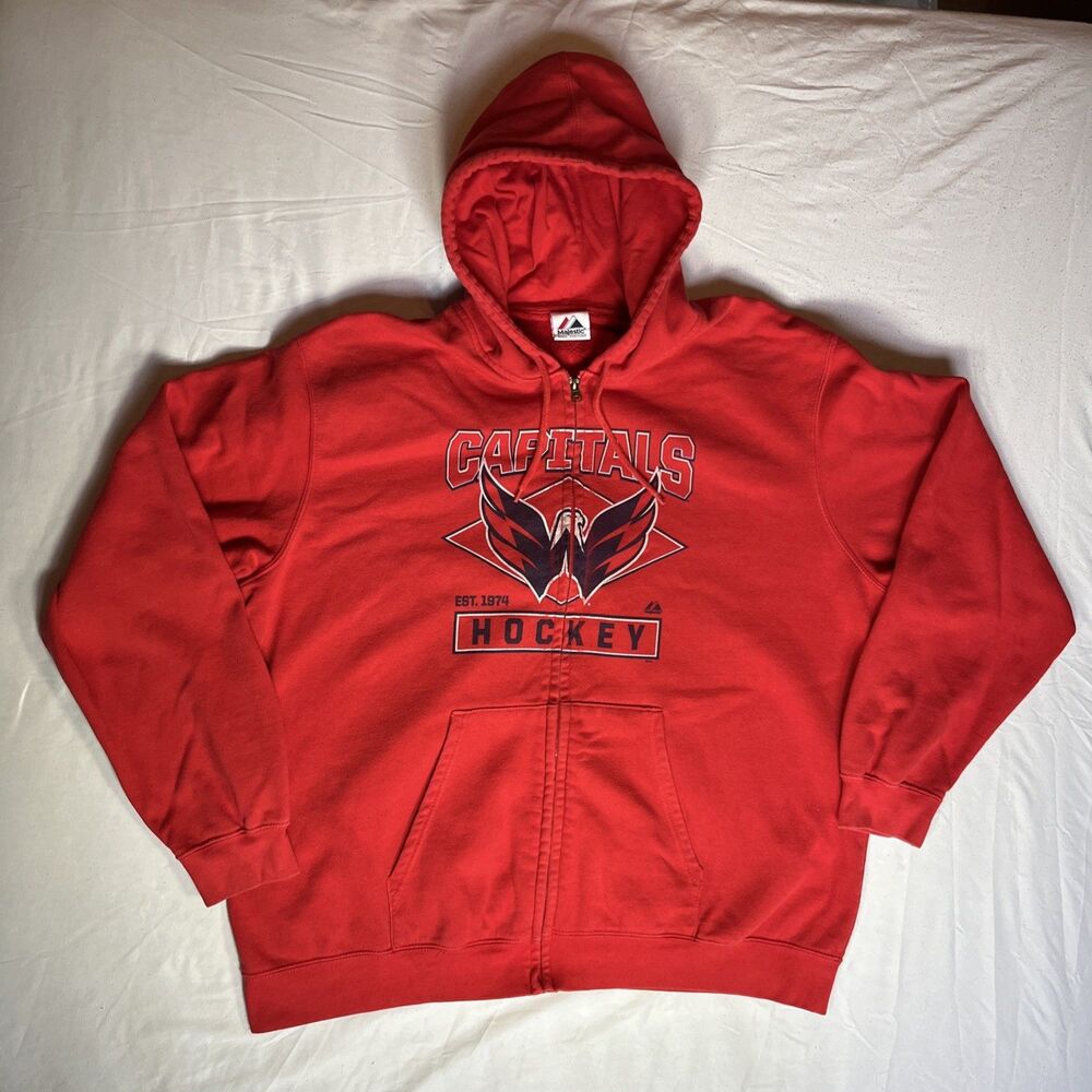 VTG Majestic NHL Washington Capitals Full Zip Hoodie Sweatshirt Mens 2XL Red